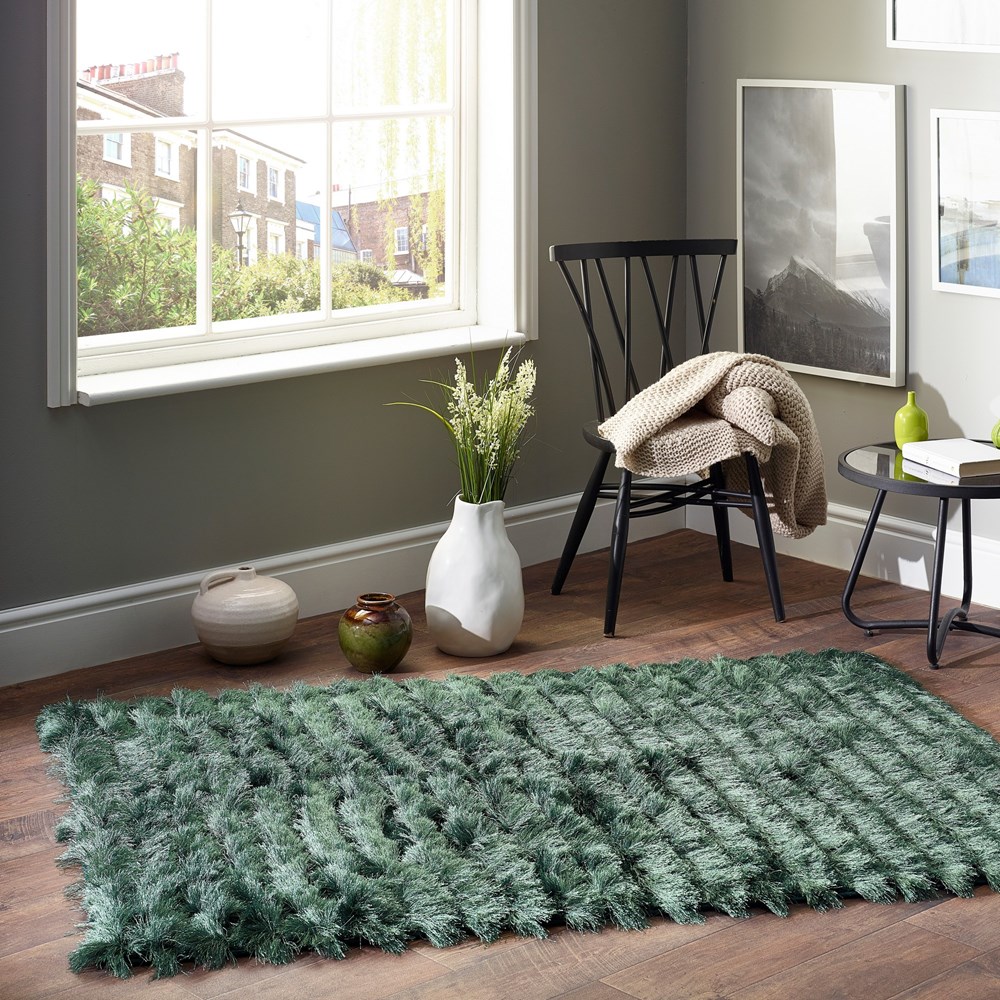 Carved Glamour Shaggy Rugs in Forest Green